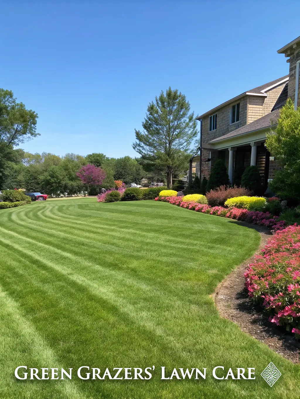 A perfectly manicured green lawn with a freshly mowed pattern, showcasing LHS's lawn maintenance service. The image should convey a sense of neatness and curb appeal.