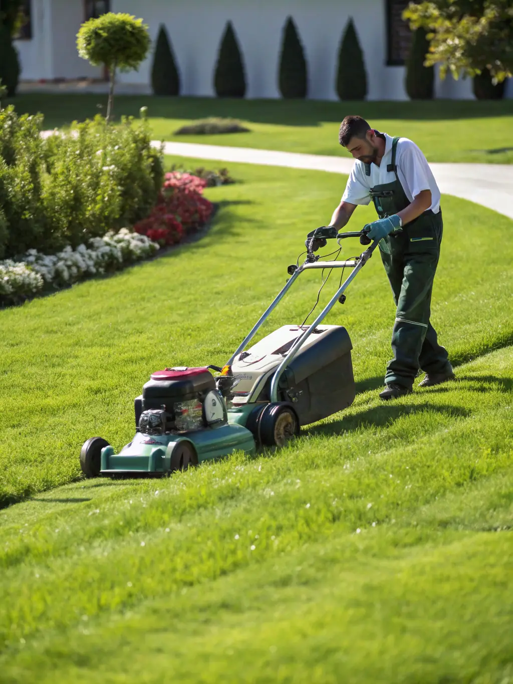 A lush, green lawn being expertly mowed by a professional from Local Home Services, showcasing their lawn maintenance service.